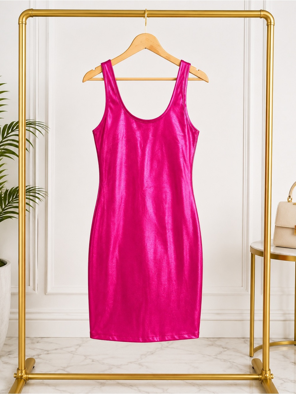 Forever 21 Shiny Hot Pink Scoop Neck Mini Dress